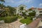 Colorful resort condos with palm trees