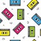 Colorful retro cassettes seamless pattern with notes