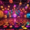 Colorful retro disco party Groovy patterns, disco balls, and energetic dance poses2