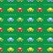 Colorful retro kids toy cars in rows pattern on green background