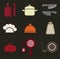 Colorful retro minimal kitchen cookware icon set