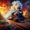 Colorful Retro Steam Train Thunders down a deserted track