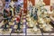 Colorful retro traditional Russian hand carved and painted wooden chess set in souvenir shop in Saint Petersburg Russia
