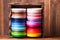 Colorful ribbon bobbins in the wooden box