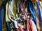 Colorful ribbons and hungarian flag ribbons on wooden obelisk in a memorial park