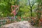 Colorful ribbons on a viewing platform of the waterfall Lovers i