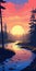 Colorful River In The Forest At Sunset: Bold Graphic Illustration