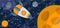 Colorful rocket ship flying past a large orange planet in outer space. Starry night sky adventure in cosmos. Space