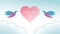 Colorful Romantic Vector Illustration. Beautiful Background Design Template. Twin Flying Birds, Pink Heart Shape, Sparkle Stars,