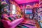 a colorful room with a couch bookshelves and a rainbow light