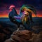 Colorful rooster standing on the mountains at sunset. 3D rendering illustration.