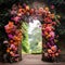Colorful roses decorating the gate to the garden. Flowering flowers, a symbol of spring, new life