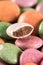 Colorful round chocolate candies closeup macro sliced candy