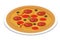 Colorful round pizza on plate with tomato, olives, salami isolated on white background. Italian cuisine, fast food