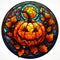 Colorful round stained glass Halloween window with pumpkin, cartoon, illustration on white background, AI generated