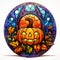 Colorful round stained glass Halloween window with pumpkin, cartoon, illustration on white background, AI generated