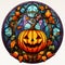 Colorful round stained glass Halloween window with pumpkin, cartoon, illustration on white background, AI generated