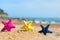 Colorful row starfishes at the beach