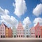 Colorful rows of buildings with lively tableaus