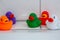 Colorful rubber ducks in the bathroom