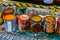 Colorful rusting paint cans