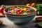 Colorful Salad in Blue and White Bowl on Table. Generative Ai