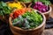 colorful salad greens closely packed in a wooden bowl