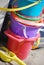 Colorful sand pails at the beach