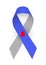 Colorful satin ribbon as symbol of type one diabetes awareness. Gray and blue ribbon with a red drop of blood