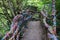 Colorful satin ribbons tied by tourists for good luck on the wooden railings of a small bridge in the mountains among the trees