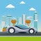 Colorful scene futuristic city metropolis with sport gray modern car