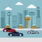 Colorful scene futuristic city metropolis with sport modern cars in the street