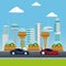 Colorful scene futuristic city metropolis with sport modern vehicles in the street