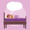 Colorful scene girl with sleep mask dreaming in bed with teddy bear