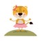 Colorful scene sky landscape and grass caricature cute expression lioness in skirt with bow lace