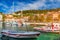 Colorful scenery in mediterranean town Hvar, famous travel place on Adriatic Sea, Croatia. Amazing Hvar city on Hvar island,