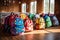 Colorful school backpacks on wooden floor in classroom. Back to school concept, Colourful children schoolbags on wooden floor.