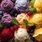 colorful scoops of ice cream with berries and lemons