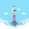 Colorful seagull bird on blue calm sea coast. Vector illustration