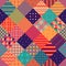 Colorful seamless patchwork pattern. Diagonal square patches with bright geometric ornaments. Festive print for fabric