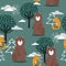 Colorful seamless pattern, bears, foxes and trees. Decorative cute background with animals