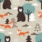 Colorful seamless pattern, bears, foxes and trees. Decorative cute background with happy animals, forest