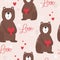 Colorful seamless pattern, bears with hearts and text. Decorative cute background with animals. Love