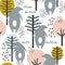 Colorful seamless pattern, bears and trees. Decorative cute background with animals, forest