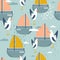 Colorful seamless pattern, birds and boats. Decorative cute background, funny seagulls and yachts