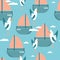 Colorful seamless pattern, birds and boats. Decorative cute background, seagulls and yachts