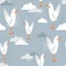 Colorful seamless pattern, birds and clouds. Decorative cute background with seagulls