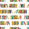 Colorful seamless pattern with books on bookshelves. Library, bookstore. Flat design