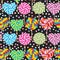 Colorful seamless pattern, candy lollipops, spiral candy cane. Candy on stick with twisted design pastel colors polka dot black ba