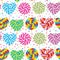 Colorful seamless pattern, candy lollipops, spiral candy cane. Candy on stick with twisted design on white abstract geometric